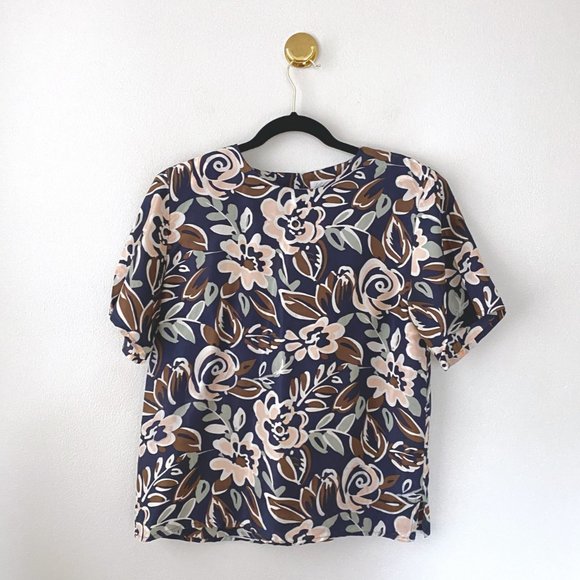 Vintage Silk Floral Short Sleeve Blouse Navy - Picture 6 of 8